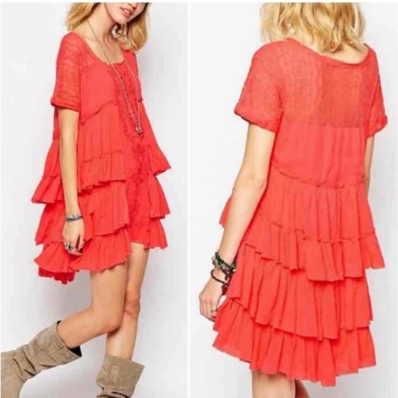 Free People Dresses & Skirts - Free People Sunbeam Gauze Lace Tiered Dress Coral Size Small